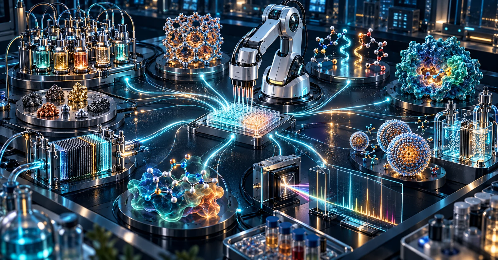 Editorial illustration of a robotic chemistry laboratory surrounded by catalysts, enzymes, molecular structures and spectral measurements.