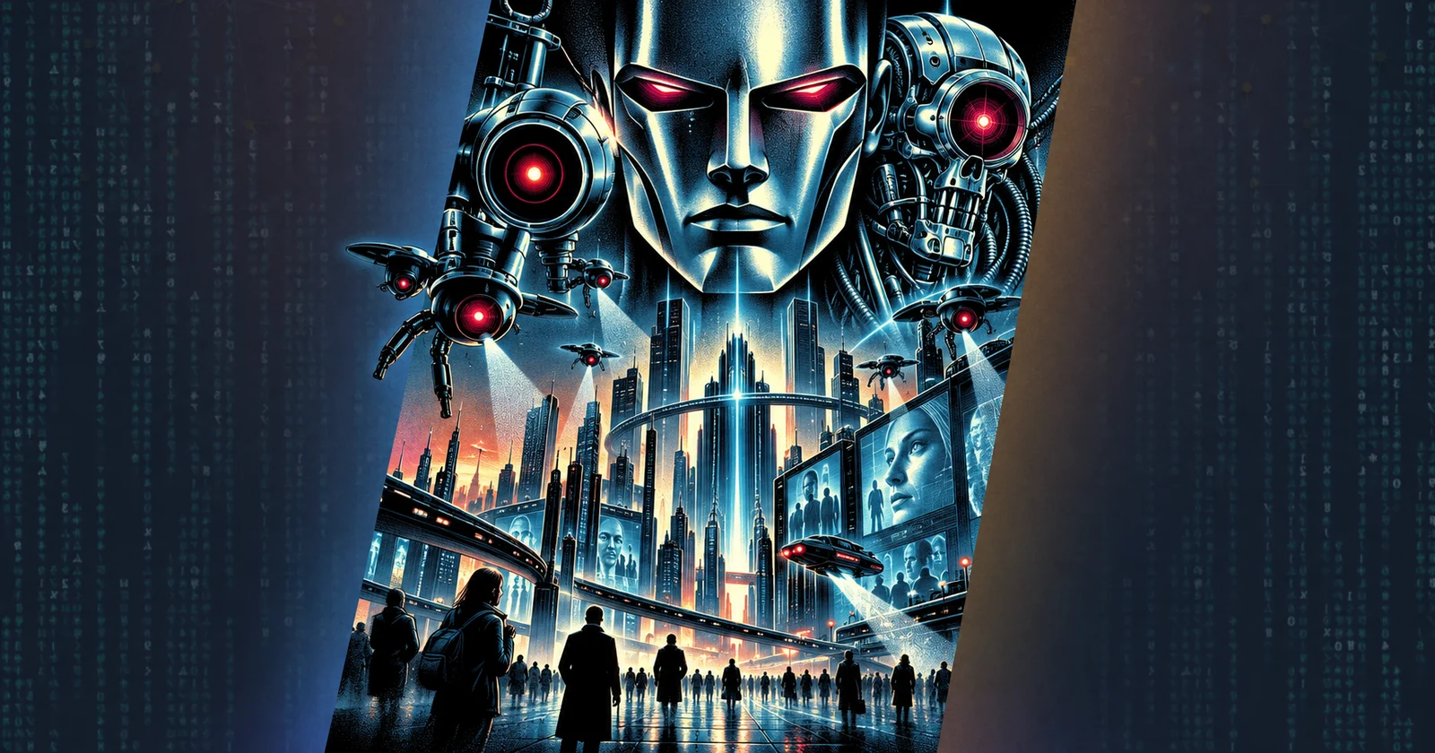 Retro sci-fi collage of AI machines and surveillance drones towering over people in a futuristic city.