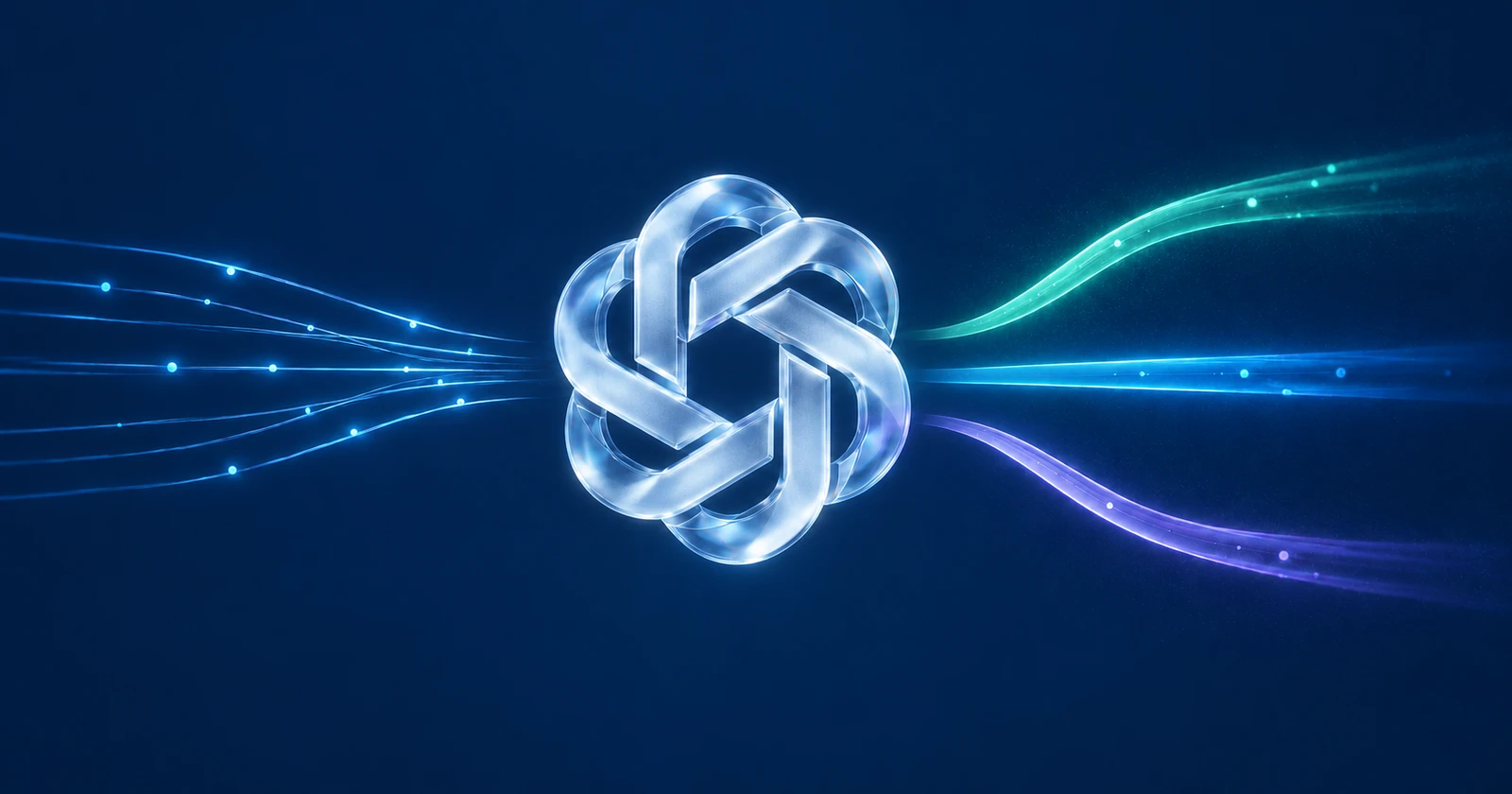 The OpenAI interwoven knot rendered in frosted glass, with blue incoming light trails and mint, cyan and violet paths against a saturated ink-blue background.