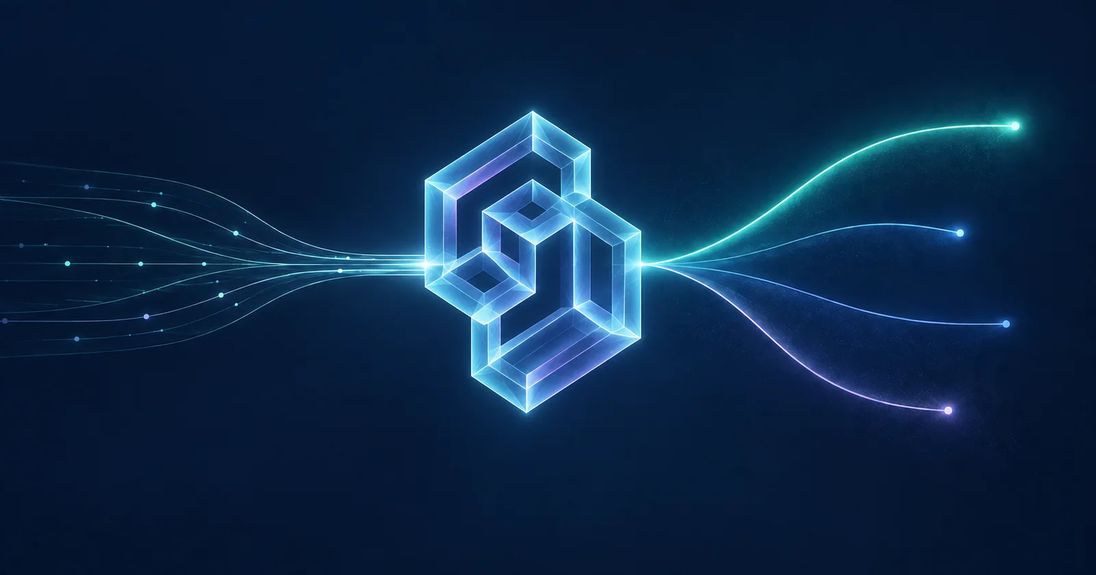 TypeSafe’s geometric logo rendered in translucent blue glass, with incoming data traces and branching cyan, blue and violet paths.