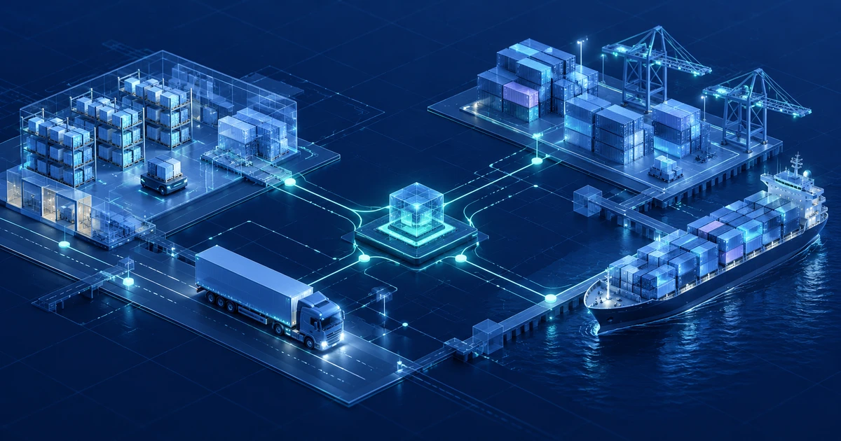 Illustration of a connected logistics network with a warehouse, freight truck, shipping containers and vessel.