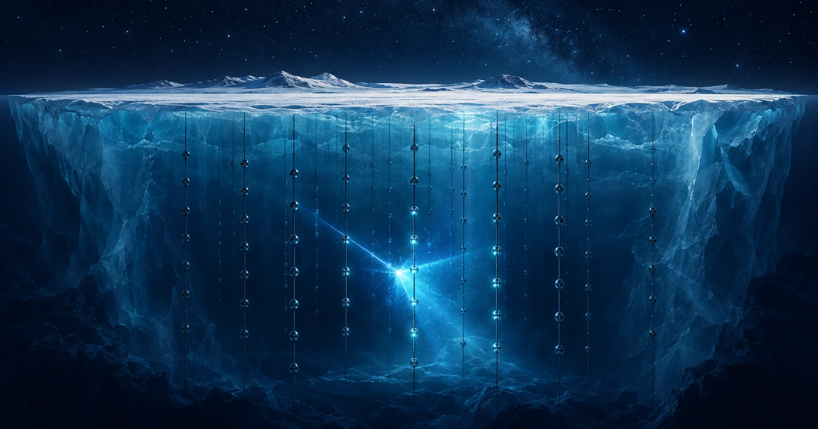 Conceptual illustration of IceCube optical sensors embedded in Antarctic ice, with a blue light signal among the detector strings.
