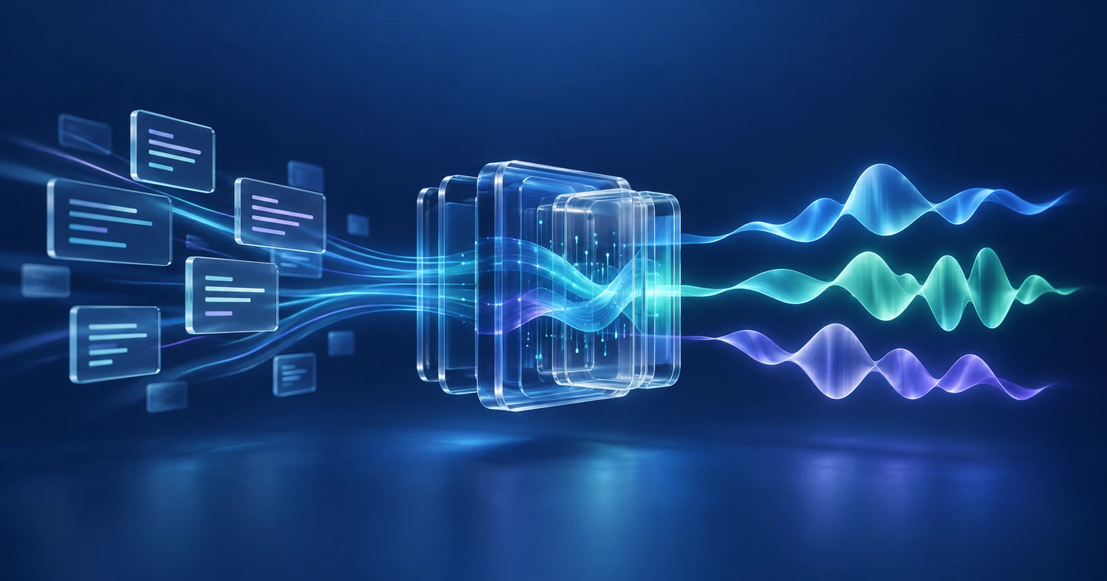 Translucent text tiles passing through a glass synthesis module and becoming colored speech waveforms on a blue background.